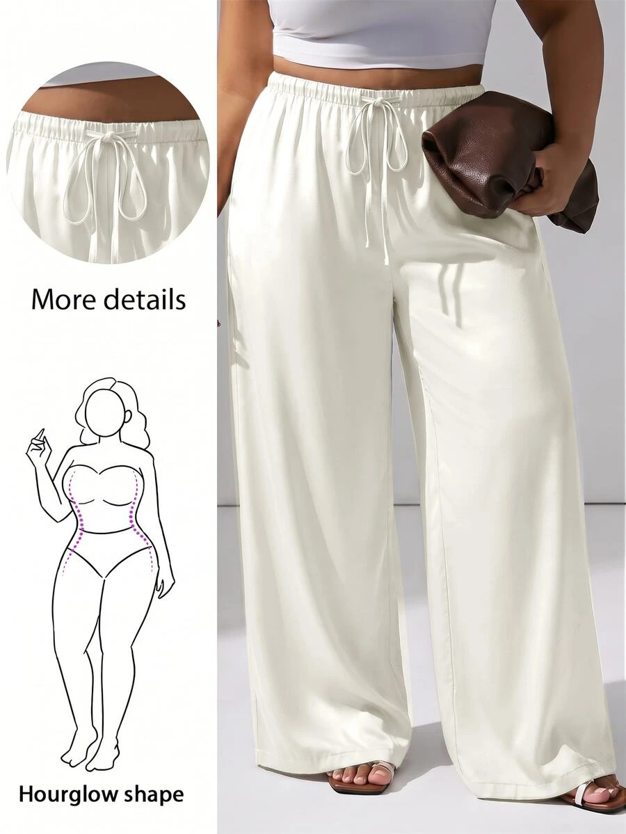 Hourglow Plus Size Anti-Wrinkle Satin Valentine's Day Straight Leg Loose Fit Pants Vacation White Summer Casual Traditional