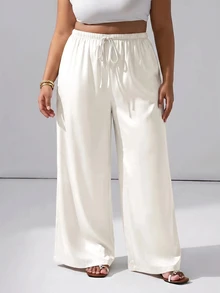 Hourglow Plus Size Anti-Wrinkle Satin Valentine's Day Straight Leg Loose Fit Pants Vacation White Summer Casual Traditional - Beige - View 6