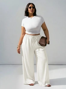 Hourglow Plus Size Anti-Wrinkle Satin Valentine's Day Straight Leg Loose Fit Pants Vacation White Summer Casual Traditional - Beige - View 4