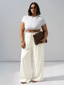 Hourglow Plus Size Anti-Wrinkle Satin Valentine's Day Straight Leg Loose Fit Pants Vacation White Summer Casual Traditional - Beige - View 5
