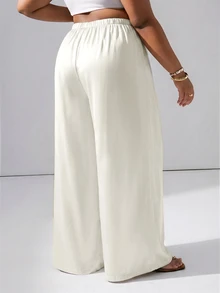 Hourglow Plus Size Anti-Wrinkle Satin Valentine's Day Straight Leg Loose Fit Pants Vacation White Summer Casual Traditional - Beige - View 3