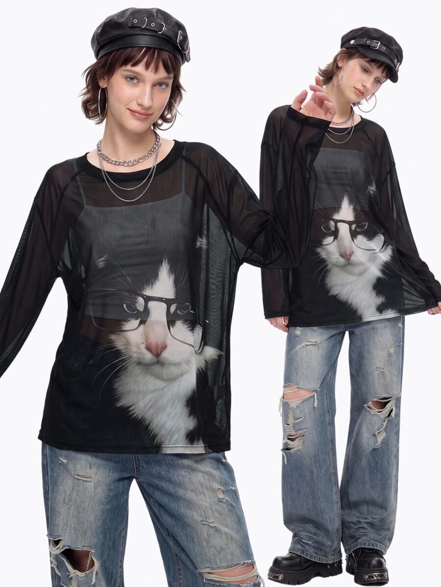 Bloopia For Women's Casual Rave Grunge 2000s Y2K Cat Print Round Neck Long Sleeve Loose Fit Mesh Top Black And White Autume/Winter Halloween Rock Concert