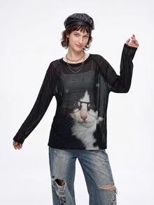 Bloopia For Women's Casual Rave Grunge 2000s Y2K Cat Print Round Neck Long Sleeve Loose Fit Mesh Top Black And White Autume/Winter Halloween Rock Concert - Black - View 9