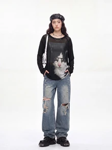 Bloopia For Women's Casual Rave Grunge 2000s Y2K Cat Print Round Neck Long Sleeve Loose Fit Mesh Top Black And White Autume/Winter Halloween Rock Concert - Black - View 6