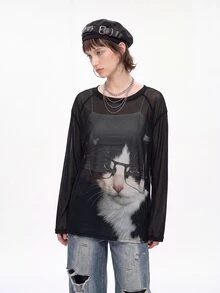 Bloopia For Women's Casual Rave Grunge 2000s Y2K Cat Print Round Neck Long Sleeve Loose Fit Mesh Top Black And White Autume/Winter Halloween Rock Concert - Black - View 8