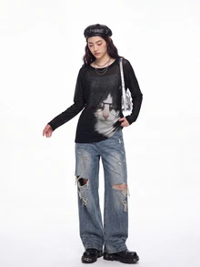 Bloopia For Women's Casual Rave Grunge 2000s Y2K Cat Print Round Neck Long Sleeve Loose Fit Mesh Top Black And White Autume/Winter Halloween Rock Concert - Black - View 5