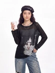 Bloopia For Women's Casual Rave Grunge 2000s Y2K Cat Print Round Neck Long Sleeve Loose Fit Mesh Top Black And White Autume/Winter Halloween Rock Concert - Black - View 4