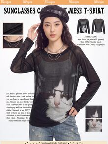Bloopia For Women's Casual Rave Grunge 2000s Y2K Cat Print Round Neck Long Sleeve Loose Fit Mesh Top Black And White Autume/Winter Halloween Rock Concert - Black - View 10