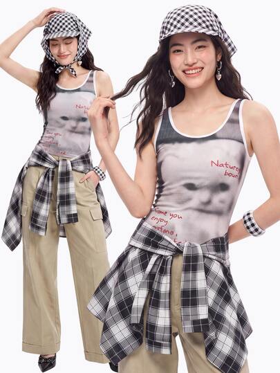 Bloopia Summer And Autumn New Arrivals For Women's Casual Fashion Y2K Style Letter & Cat Print Round Neck Casual Tank Top,Cute & Sexy Street Fashion Outfit