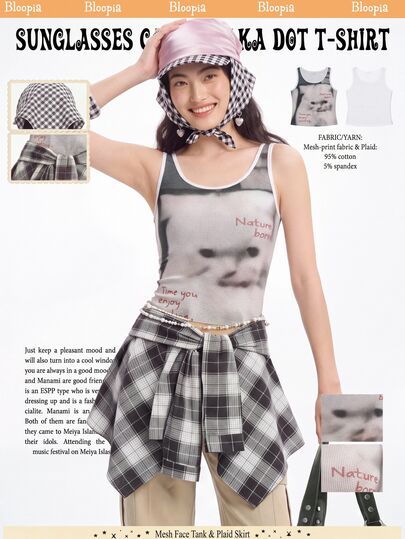 Bloopia Nuevos lanzamientos de verano y otoño para moda casual de mujer estilo Y2K con estampado de letras & gatos, top de tirantes de cuello redondo casual, conjunto de moda callejera lindo & sexy