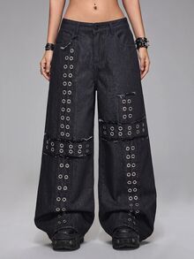 ROMWE Grunge Punk Punk Metal Rivet Eyelet Cross Patch Embroidery Loose Wide Leg Denim Jeans - Navy Blue - View 1