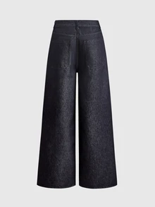 ROMWE Grunge Punk Punk Metal Rivet Eyelet Cross Patch Embroidery Loose Wide Leg Denim Jeans - Navy Blue - View 2