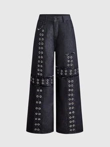 ROMWE Grunge Punk Punk Metal Rivet Eyelet Cross Patch Embroidery Loose Wide Leg Denim Jeans - Navy Blue - View 5