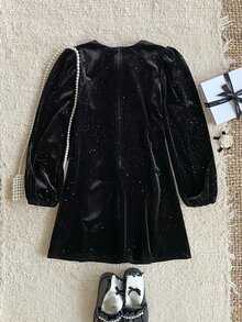 PrepCrw 1pc Tween Girls Elegant Black Velvet Dress With Pearls & Big Bow,Long Sleeve Crew Neck Sparkly Dress For Autumn,Birthday,Christmas & Holiday Wear - Black - View 2