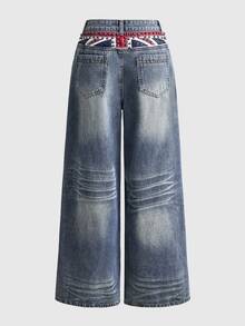 ROMWE Grunge Punk Street Style British Flag Print Rivet Low Waist Loose Straight Leg Jeans - Blue - View 5