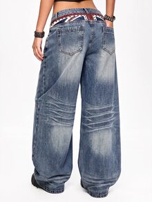 ROMWE Grunge Punk Street Style British Flag Print Rivet Low Waist Loose Straight Leg Jeans - Blue - View 2