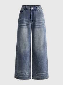 ROMWE Grunge Punk Street Style British Flag Print Rivet Low Waist Loose Straight Leg Jeans - Blue - View 6