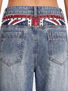 ROMWE Grunge Punk Street Style British Flag Print Rivet Low Waist Loose Straight Leg Jeans - Blue - View 1