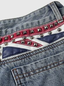 ROMWE Grunge Punk Street Style British Flag Print Rivet Low Waist Loose Straight Leg Jeans - Blue - View 3