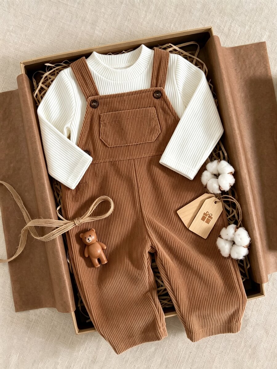 SHEIN Vintaside Kids 女嬰 0-3 歲秋季套裝,燈芯絨吊帶褲,全白棕色羅紋半高領內搭,可愛風格,拍照家庭套裝 - 彩色 - 查看 1