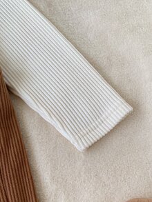 SHEIN Vintaside Kids 女嬰 0-3 歲秋季套裝，燈芯絨吊帶褲，全白棕色羅紋半高領內搭，可愛風格，拍照家庭套裝 - 彩色 - 查看 8