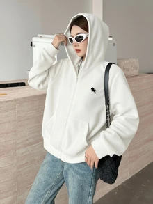 SHEIN 青少年女孩白色可翻面抓絨刺繡馬匹休閒寬鬆冬季夾克，簡約學院風可愛連帽拉鍊外套 - 白色 - 查看 3