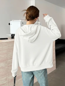 SHEIN 青少年女孩白色可翻面抓絨刺繡馬匹休閒寬鬆冬季夾克，簡約學院風可愛連帽拉鍊外套 - 白色 - 查看 2