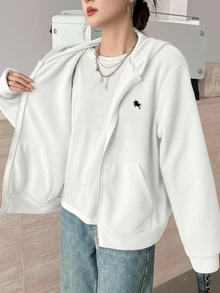 SHEIN 青少年女孩白色可翻面抓絨刺繡馬匹休閒寬鬆冬季夾克，簡約學院風可愛連帽拉鍊外套 - 白色 - 查看 4