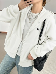 SHEIN 青少年女孩白色可翻面抓絨刺繡馬匹休閒寬鬆冬季夾克，簡約學院風可愛連帽拉鍊外套 - 白色 - 查看 6