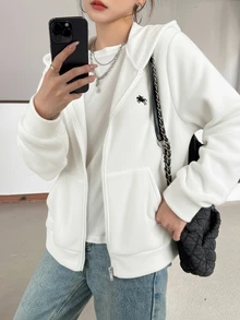 SHEIN 青少年女孩白色可翻面抓絨刺繡馬匹休閒寬鬆冬季夾克，簡約學院風可愛連帽拉鍊外套 - 白色 - 查看 5