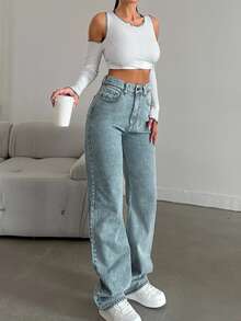 SHEIN Tall Light Blue Straight Leg Jeans High Rise For Tall Everyday Night Summer Streetwear - Dusty Blue - View 4