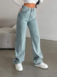 SHEIN Tall Light Blue Straight Leg Jeans High Rise For Tall Everyday Night Summer Streetwear - Dusty Blue - View 3