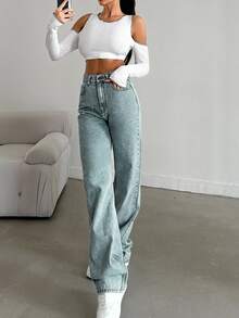 SHEIN Tall Light Blue Straight Leg Jeans High Rise For Tall Everyday Night Summer Streetwear - Dusty Blue - View 5