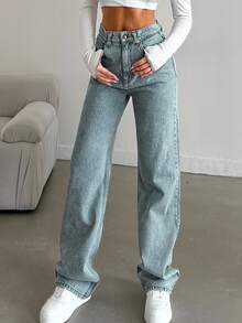 SHEIN Tall Light Blue Straight Leg Jeans High Rise For Tall Everyday Night Summer Streetwear - Dusty Blue - View 6