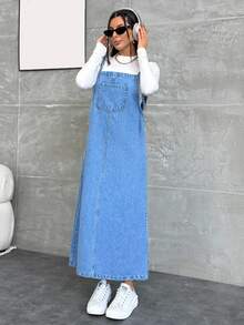 EURMUSE WOMEN LONG DENIM DRESS POCKET DETAILED Everyday Daytime Light Blue Autumn Casual - Medium Wash - View 6