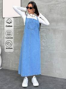 EURMUSE WOMEN LONG DENIM DRESS POCKET DETAILED Everyday Daytime Light Blue Autumn Casual - Medium Wash - View 3