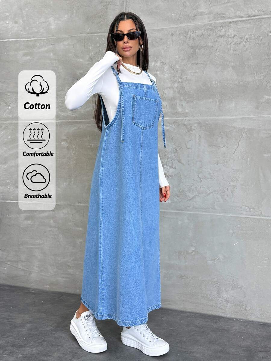EURMUSE WOMEN LONG DENIM DRESS POCKET DETAILED Everyday Daytime Light Blue Autumn Casual - Medium Wash - View 1