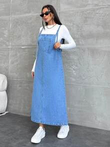 EURMUSE WOMEN LONG DENIM DRESS POCKET DETAILED Everyday Daytime Light Blue Autumn Casual - Medium Wash - View 4