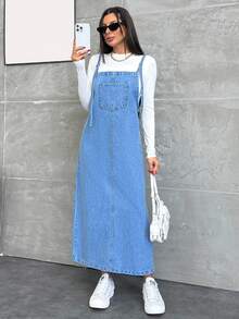 EURMUSE WOMEN LONG DENIM DRESS POCKET DETAILED Everyday Daytime Light Blue Autumn Casual - Medium Wash - View 5