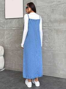EURMUSE WOMEN LONG DENIM DRESS POCKET DETAILED Everyday Daytime Light Blue Autumn Casual - Medium Wash - View 2