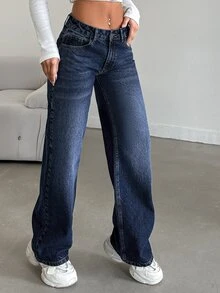 CasuGlow Vaqueros rectos de pierna recta de lavado casual - Azul lavado medio - Ver 3