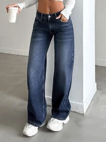 CasuGlow Vaqueros rectos de pierna recta de lavado casual - Azul lavado medio - Ver 6