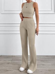 EURMUSE Rib Knit Two Pcs Beige Set - Mocha Brown - View 4