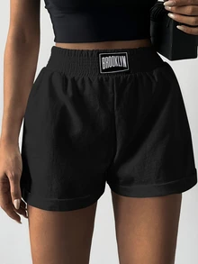 Cloudara Letter Patched Slant Pocket Shorts - Black - View 5