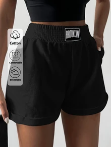 Cloudara Letter Patched Slant Pocket Shorts - Black - View 2