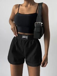 Cloudara Letter Patched Slant Pocket Shorts - Black - View 7