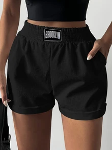 Cloudara Letter Patched Slant Pocket Shorts - Black - View 6