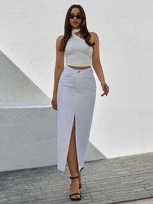 EURMUSE Letter Patched Split Thigh Denim Skirt - White - View 5