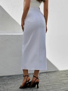 EURMUSE Letter Patched Split Thigh Denim Skirt - White - View 2