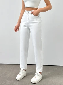 EURMUSE High Waist Mom Fit Jeans - White - View 4